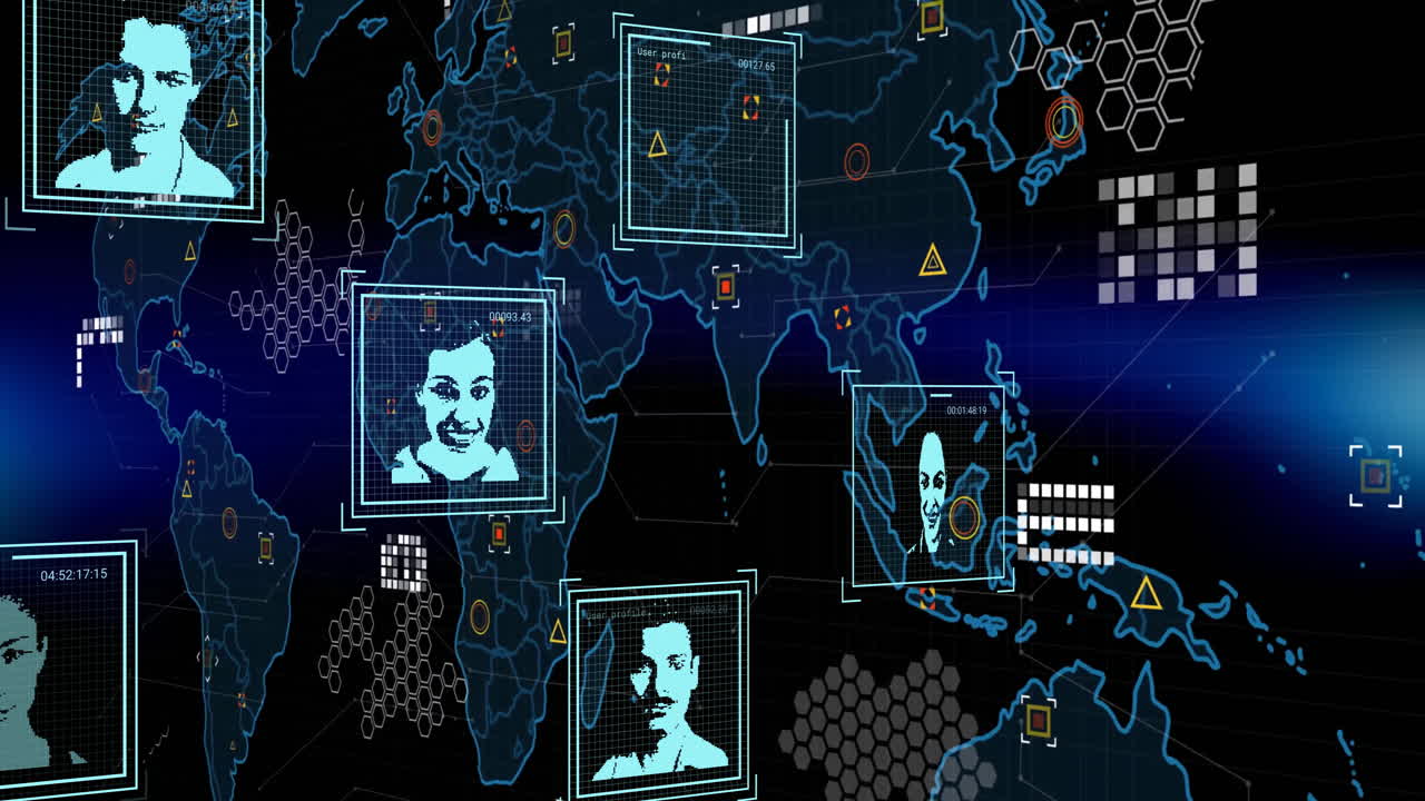 Animation of biometric photos, data processing over world map on dark background