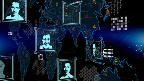 animación de fotos biométricas, procesamiento de datos sobre el mapa del mundo sobre un fondo oscuro