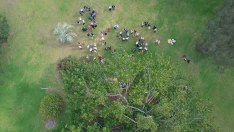 Invitados-Y-Visitantes-En-Una-Ceremonia-De-Boda-En-Una-Hermosa-Recepción-En-El-Jardín-En-Wollongong,-Australia---Vista-Aérea-De-Arriba-Hacia-Abajo