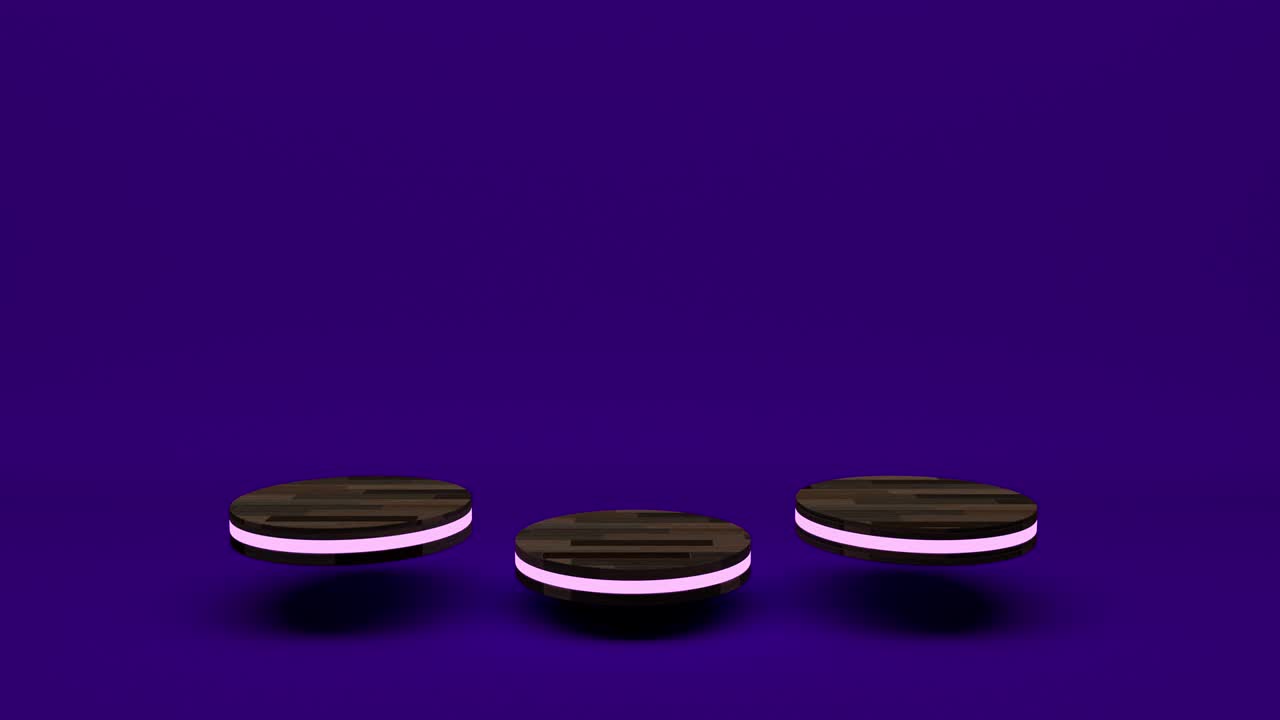 Wooden product stand futuristic or podium pedestal on empty display growing flashing light with purple backdrops. 3D rendering. seamless loop.