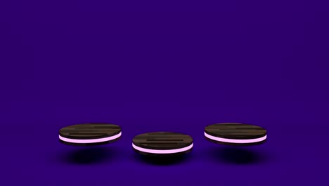 wooden product stand futuristic or podium pedestal on empty display growing flashing light with purple backdrops. 3d rendering. seamless loop.