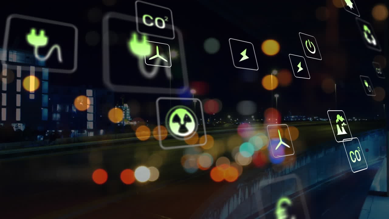 animación de múltiples iconos digitales contra una vista aérea del lapso de tiempo del tráfico nocturno de la ciudad