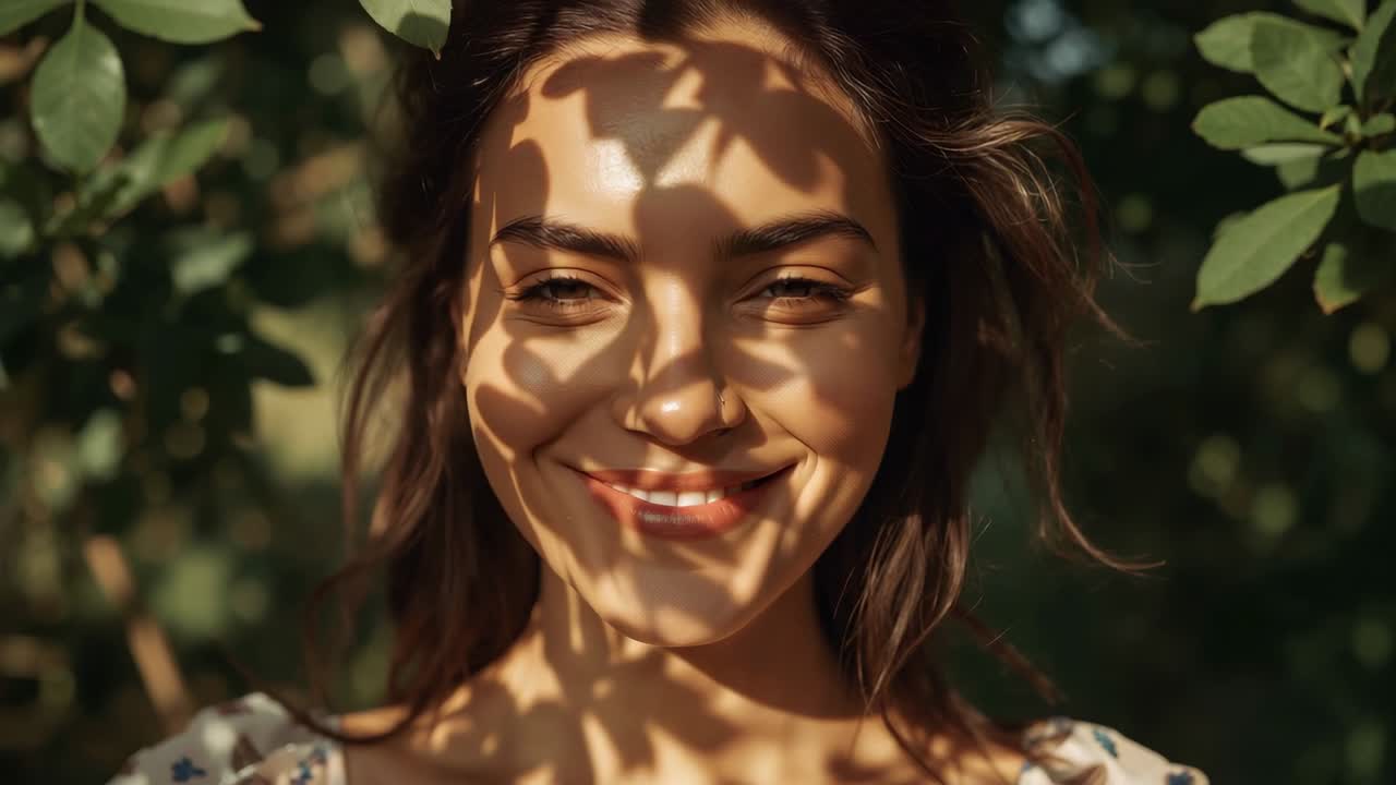 Donna adulta sorridente che chiude gli occhi per la gioia mentre la brezza sposta le ombre delle foglie nel giardino, vestito floreale