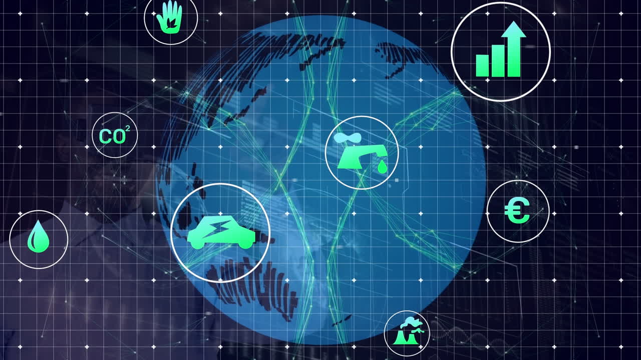 Animation of eco icons and data processing over globe