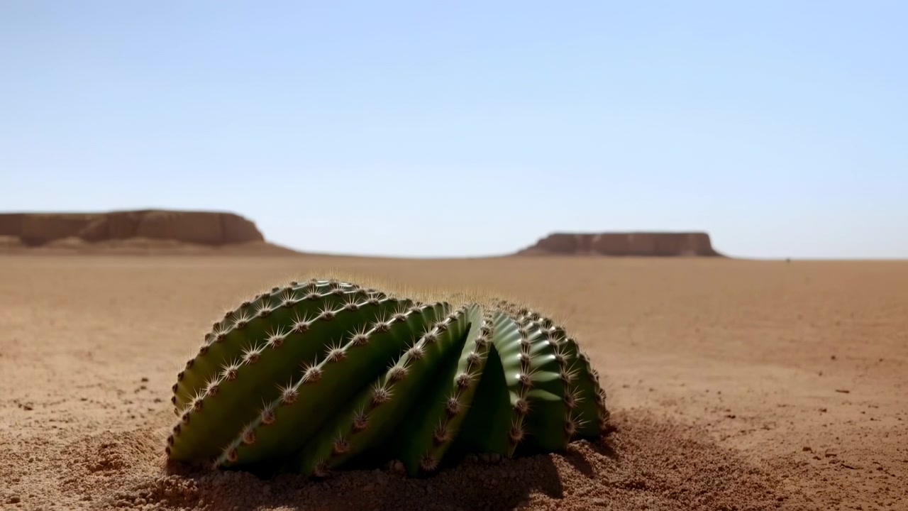 A small cactus rests in the foreground on sandy desert terrain, with flat-topped mesas on the horizon and a clear blue sky above in bright daylight