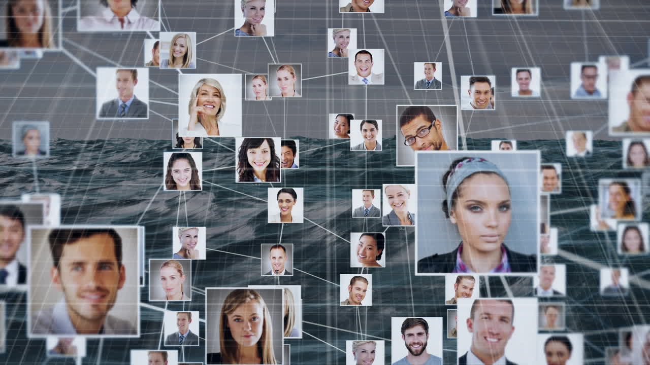 animación de la red de conexiones con personas fotos sobre el mar