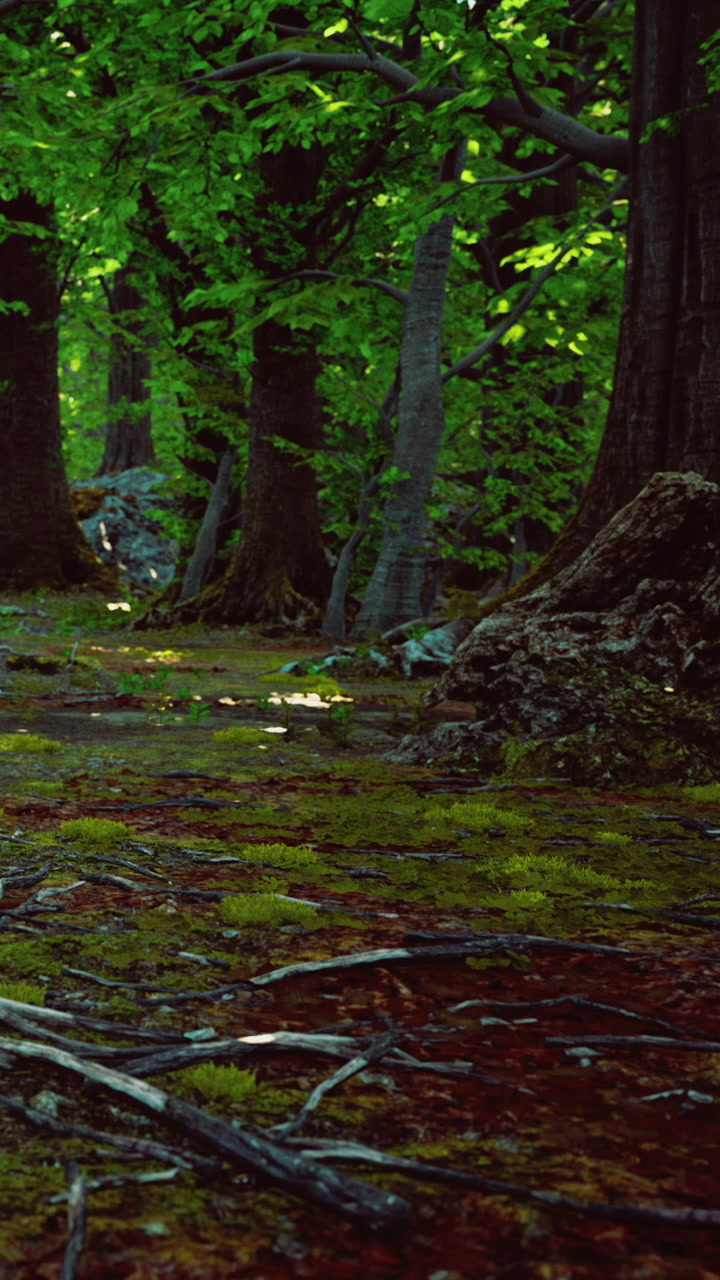 Sunlight dances through lush trees in the tranquil forest landscape