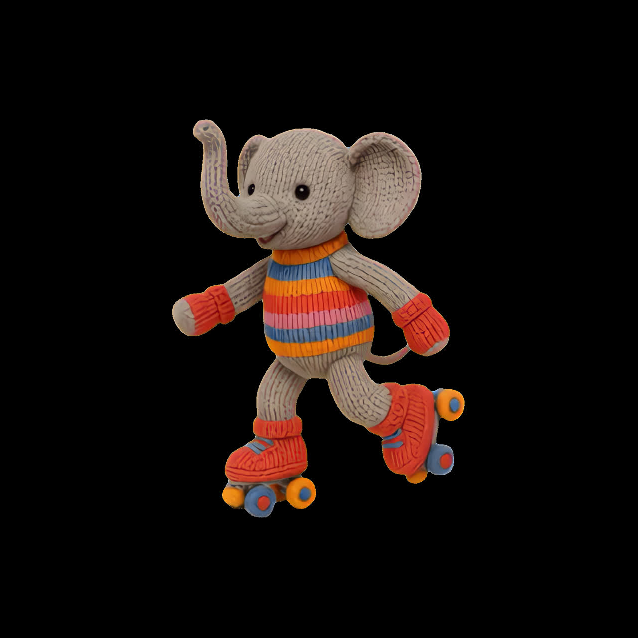 Elephant toy roller skates animation isolated asset, transparent 4K video, alpha channel, ProRes