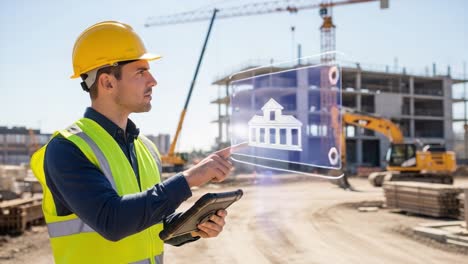 construction professional analyzing project data with tablet on active site, featuring machinery and building progress in background