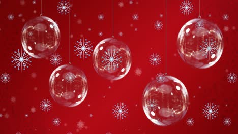 Animation-Von-Weihnachtskugeln-über-Schneeflocken-Auf-Rotem-Hintergrund