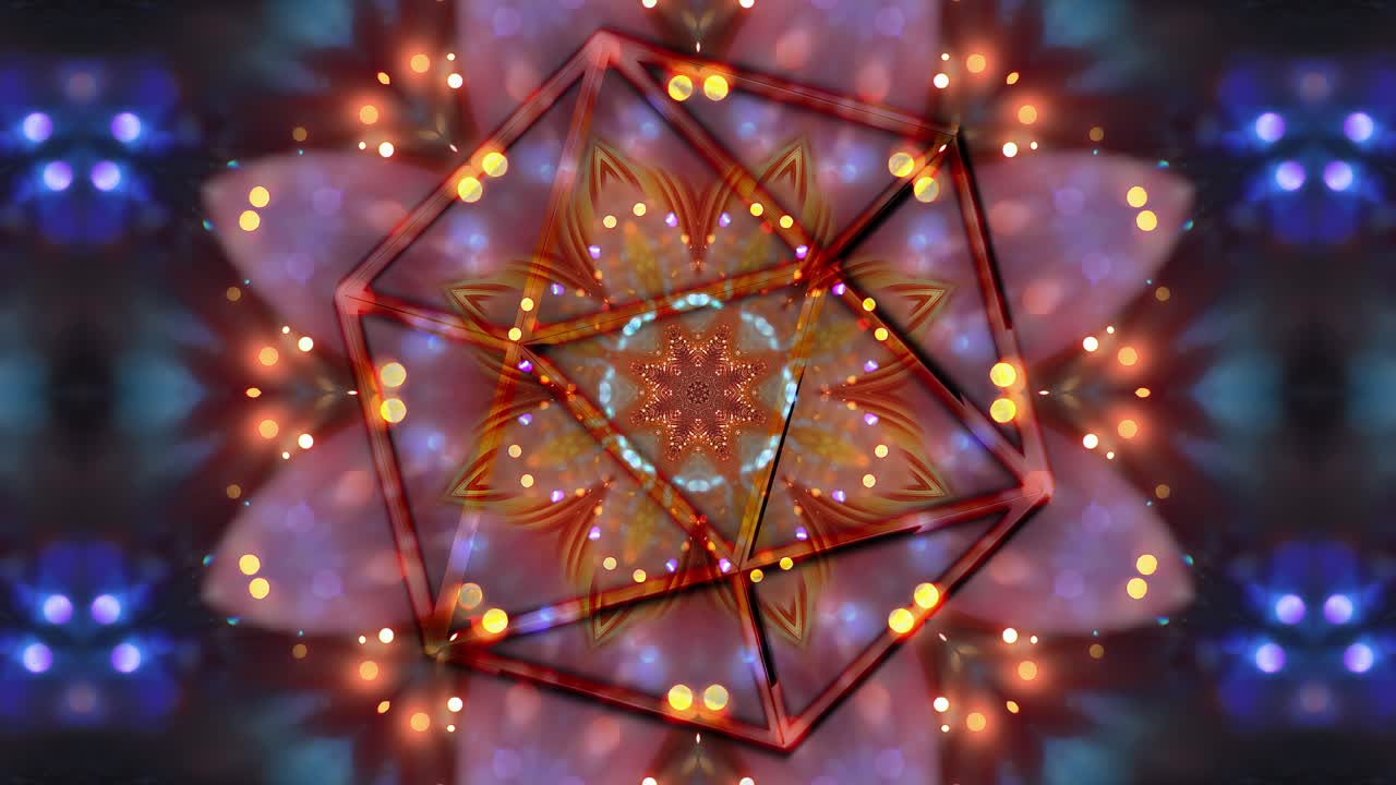 A dynamic fractal mandala anchored by an icosahedral, hexagonal sacred geometry glyph. This seamless 4K60 loop bursts with bokeh, light, and energy—perfect for VJ sets, meditation, and projection