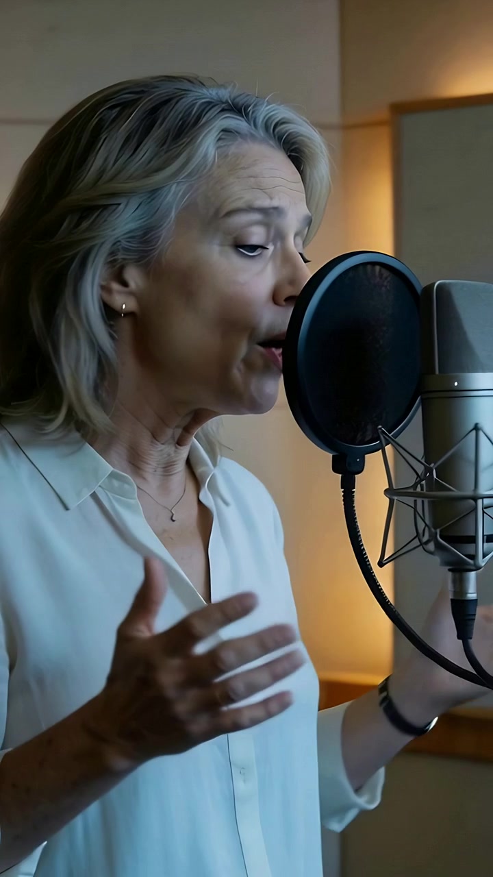 Video verticale: Cantante che canta rivolto a sinistra, si china sul microfono a condensatore, registrazione in cabina