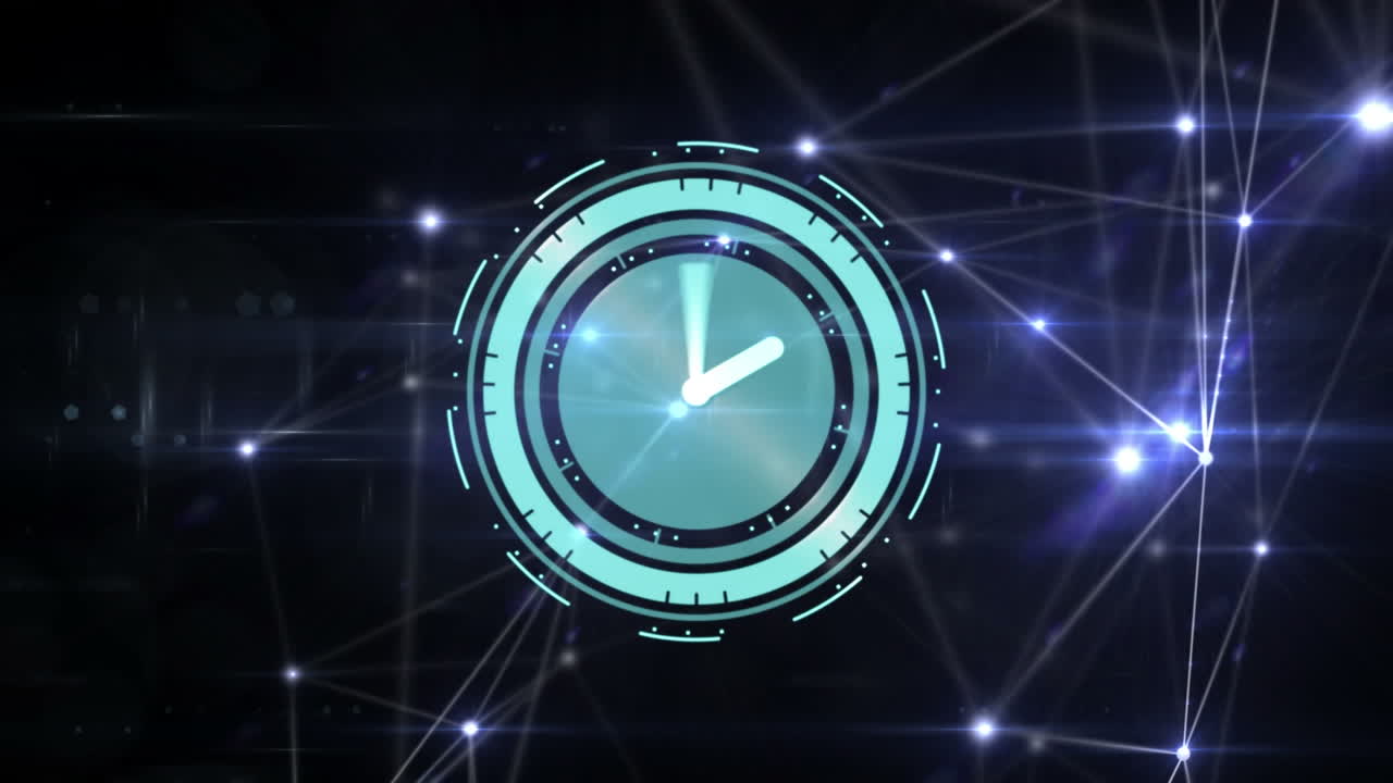 Animation of network of connections and clock moving over black background