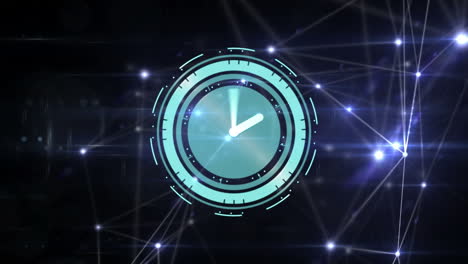 animación de la red de conexiones y reloj moviéndose sobre fondo negro