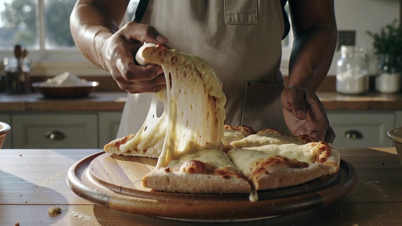 Colocando pizza, cozinheiro de avental estabilizando a tábua na bancada, levantando uma fatia mostrando o queijo puxando