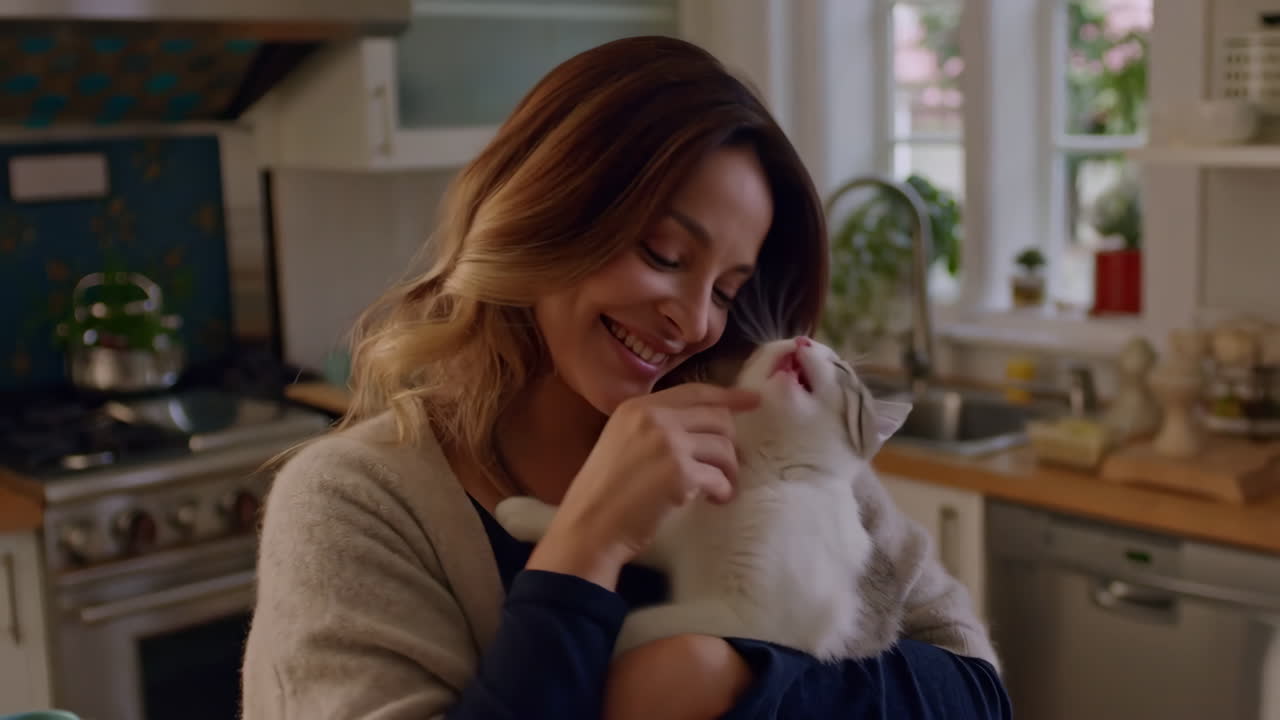 Woman smiling while holding her cat in the kitchen