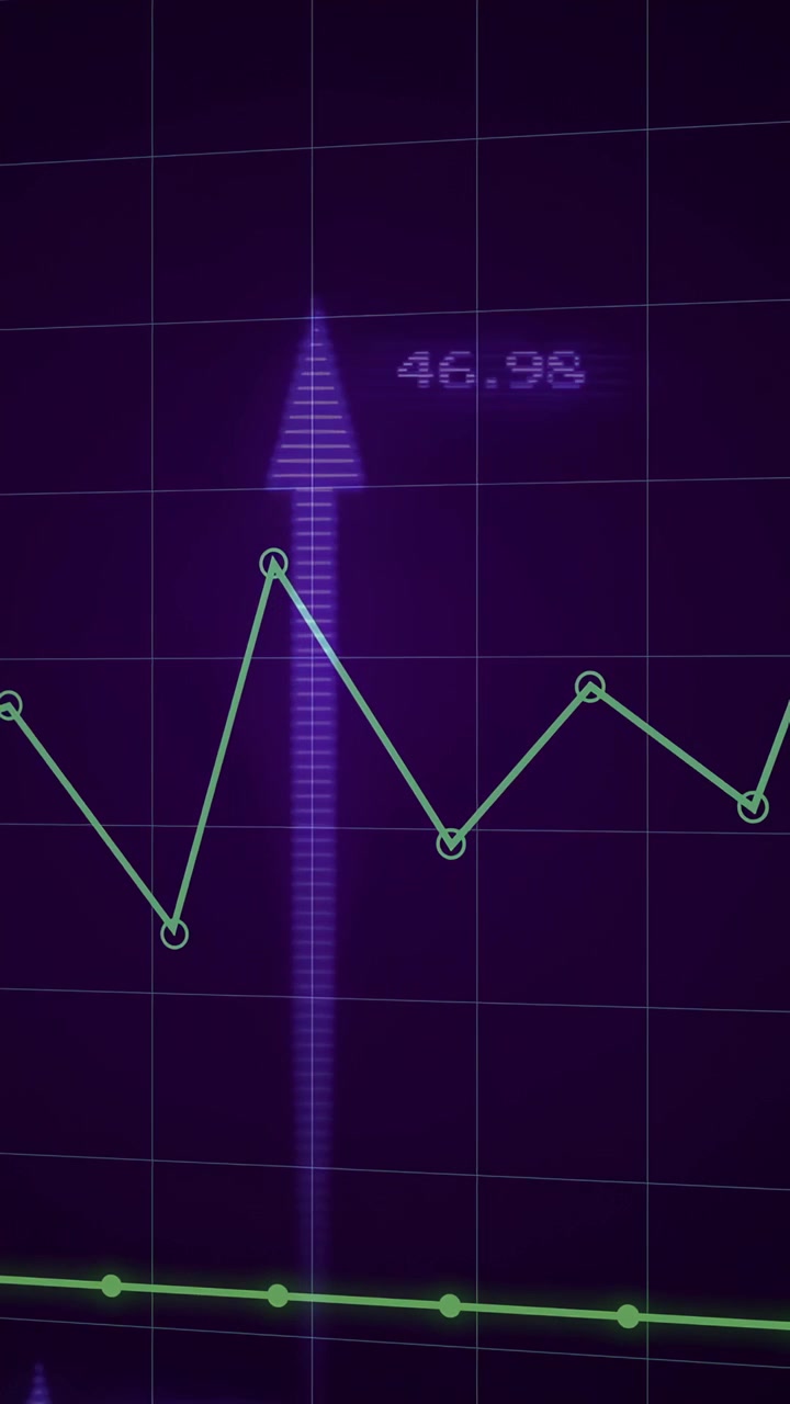 Polilinea ciano che si anima da sinistra al caricamento dei dati, evidenziando i nodi con frecce viola per la finanza