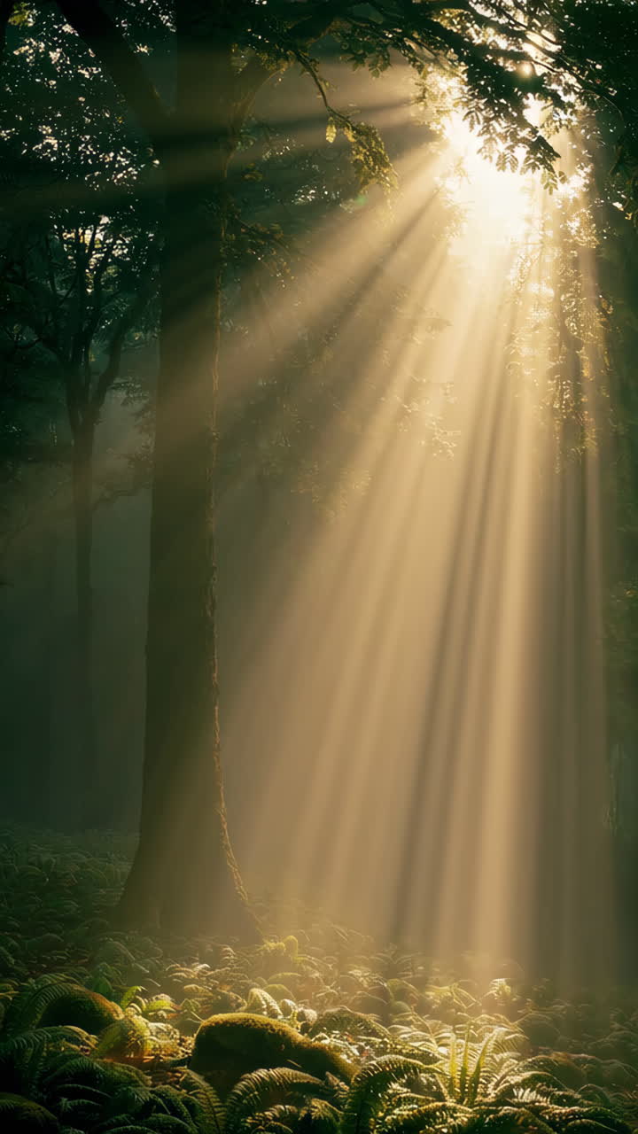 rayos de sol a través del bosque de niebla