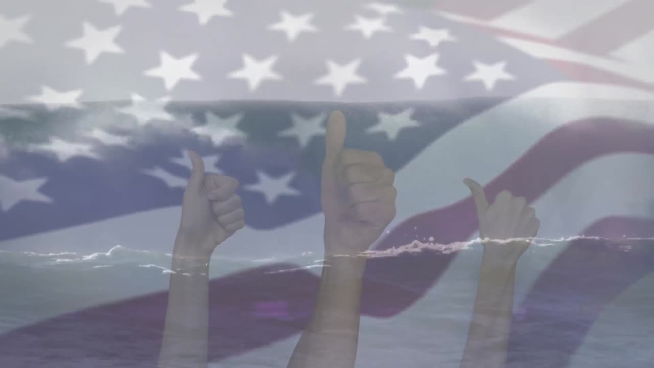 Digital composition of waving us flag over hands showing thumbs up against waves in the sea