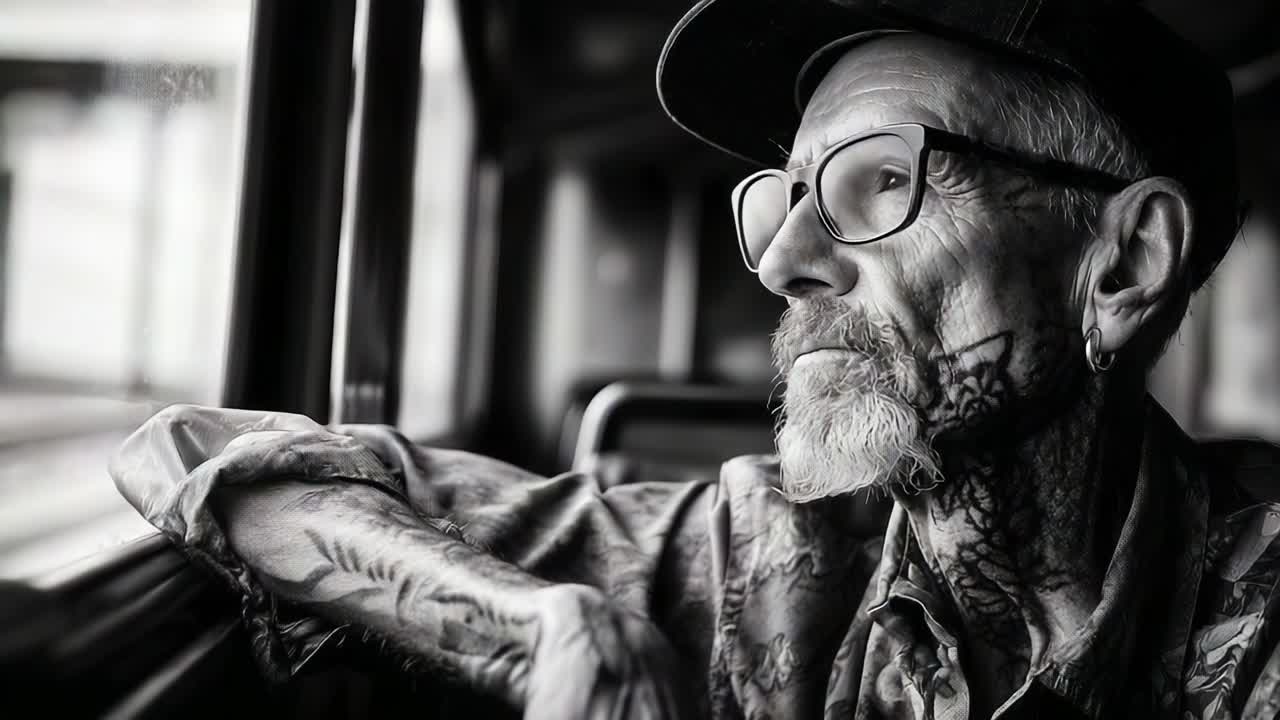 An Introspective Moment: A Portrait of a Tattooed Elderly Man Gazing Out the Window on a Public Transport Journey, Emphasizing Life Experiences and Wisdom through Expression