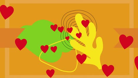 Animation-of-illustration-of-green-and-yellow-abstract-leaf-shapes-with-red-hearts-on-orange