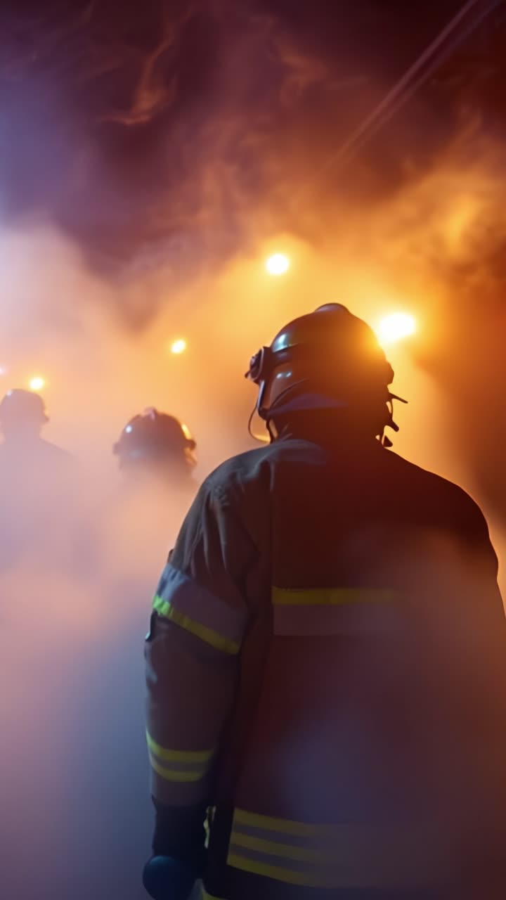 Bombeiros Navegando Através de Fumaça Densa em uma Cena Dramática de Emergência sob Condições de Iluminação Intensa, Exibindo Sua Coragem e Compromisso com a Segurança.