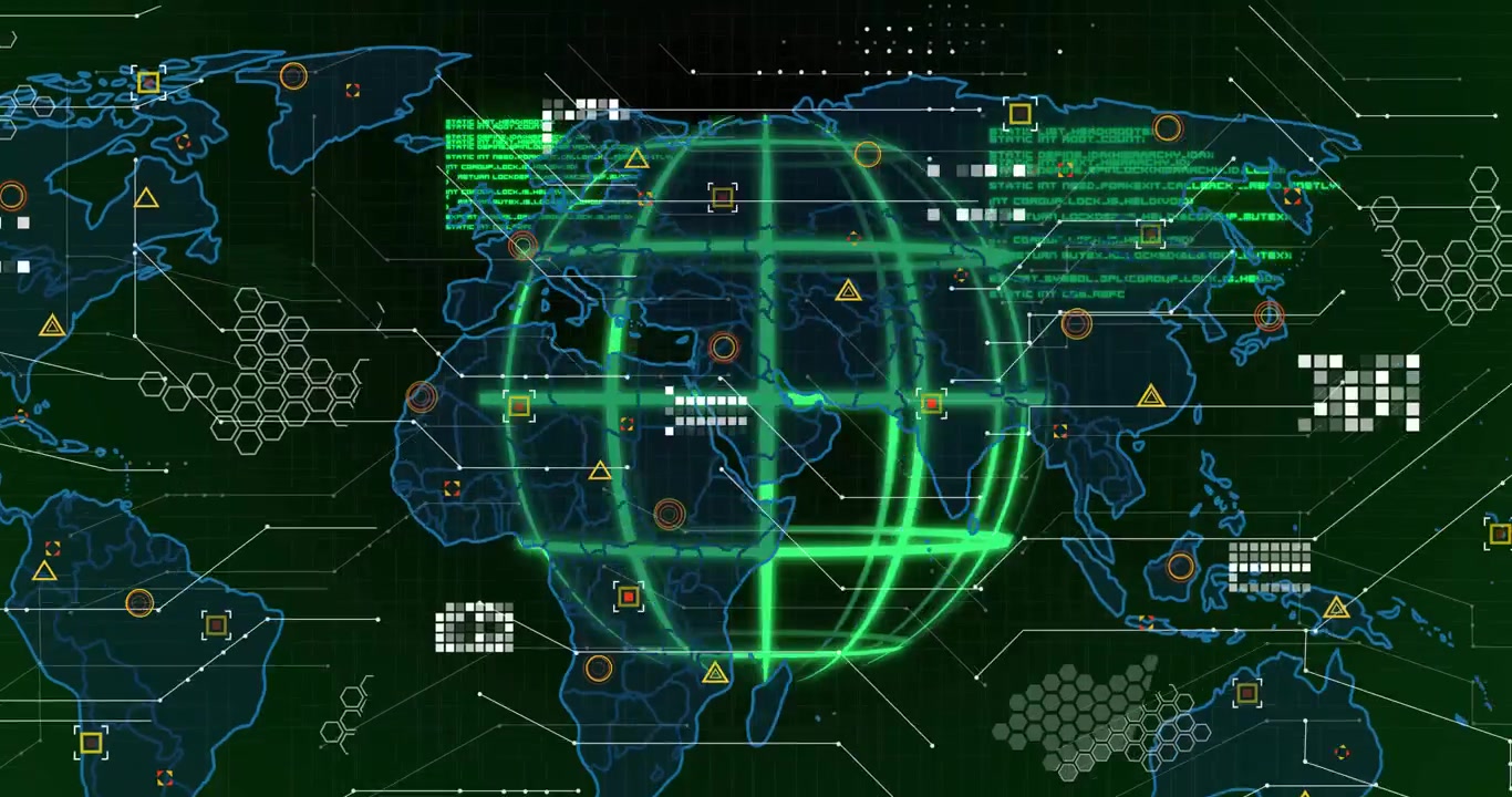 Green globe grid rotating in data panel showing blue outlines green code red yellow markers
