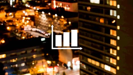 bar graph icon against aerial view of night cityscape