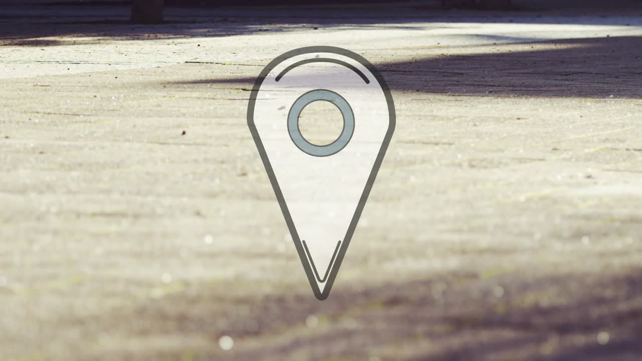 Translucent map-pin tilting after sun shift, nudging while shopper passing, highlighting location