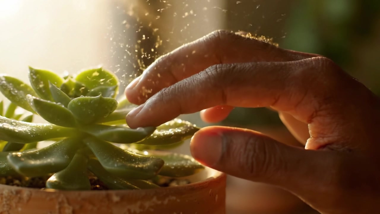 手入れをされている瑞々しい多肉植物のクローズアップ。窓から差し込む日光と繊細な露の雫が、穏やかな室内の雰囲気を際立たせている