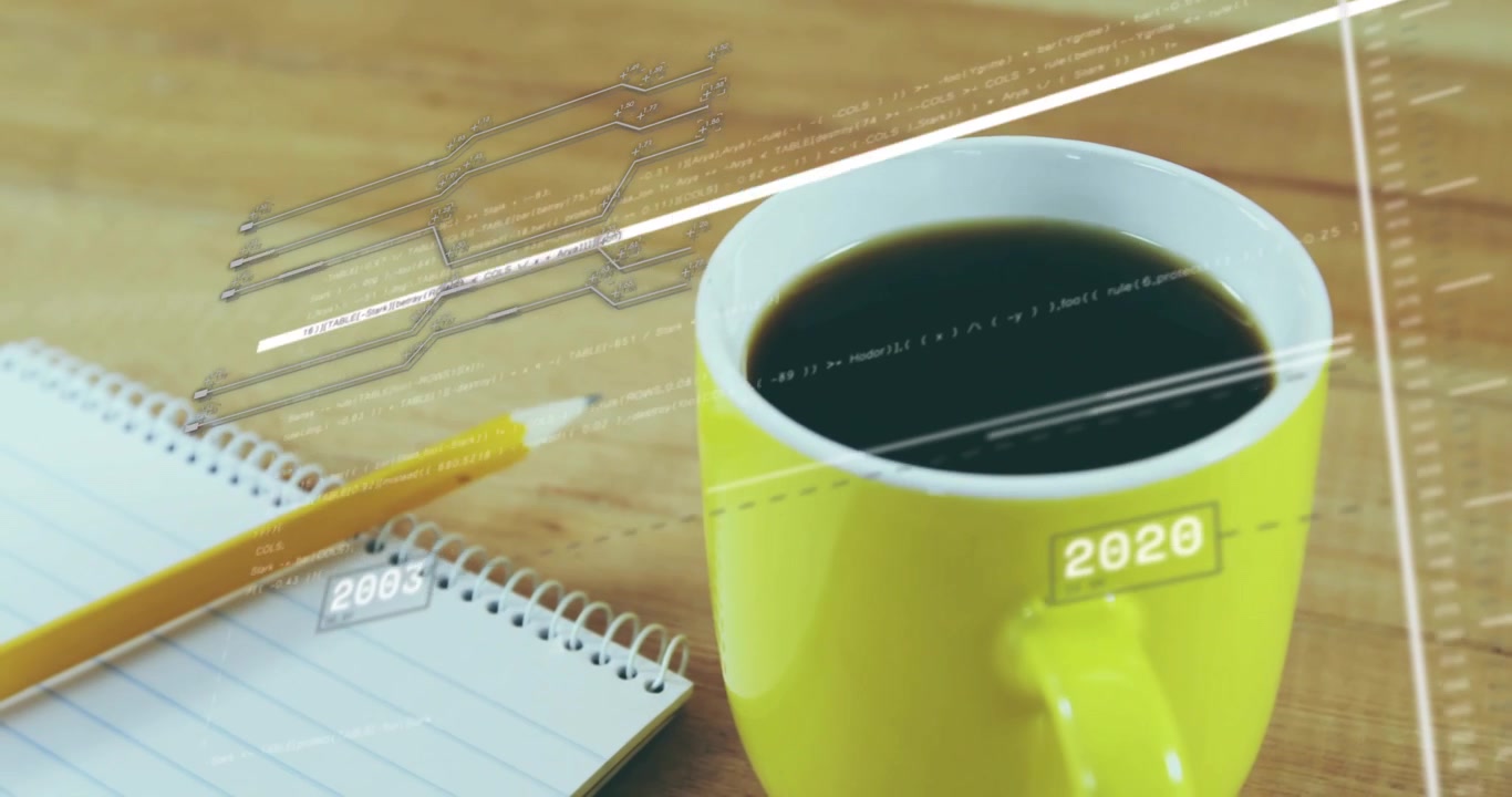 White sweep line entering frame pulsing and year markers stepping to visualize timeline over mug