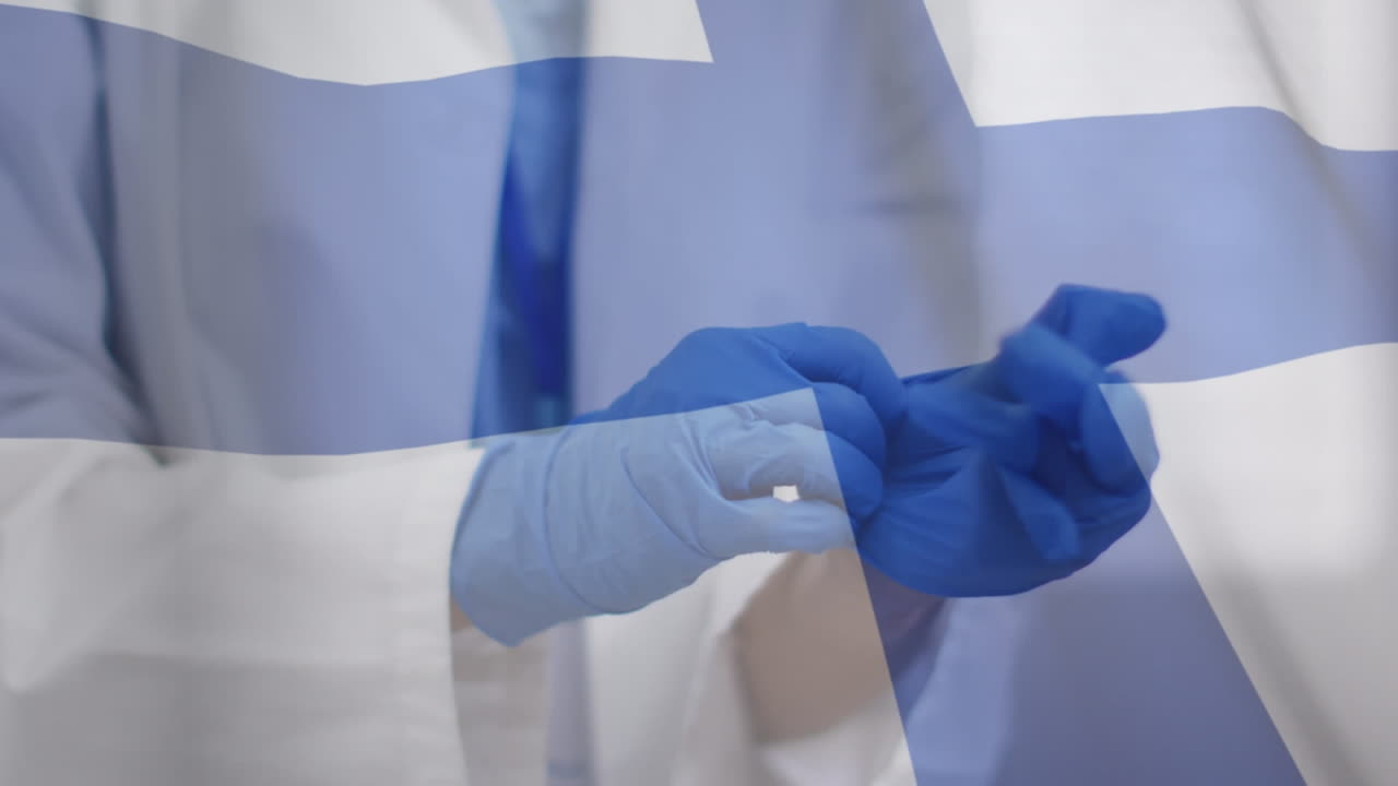 Animation of flag of finland with male doctor putting on surgical gloves