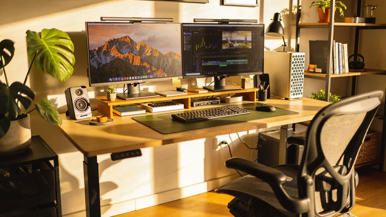 Moving camera revealing sit-stand desk at home, highlighting dual monitors, keyboard, mesh chair