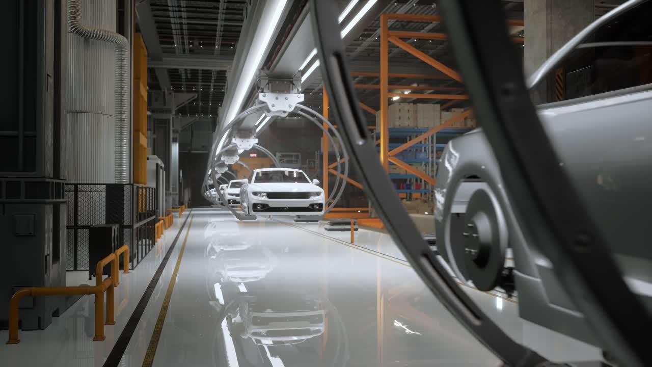 Ev Production Line On Advanced Automated Bright Factory. High Performance Electric Car Manufacturing. Car Batteries Being Attached To Electric Vehicles On Assembly Line. Agv Transport Batteries