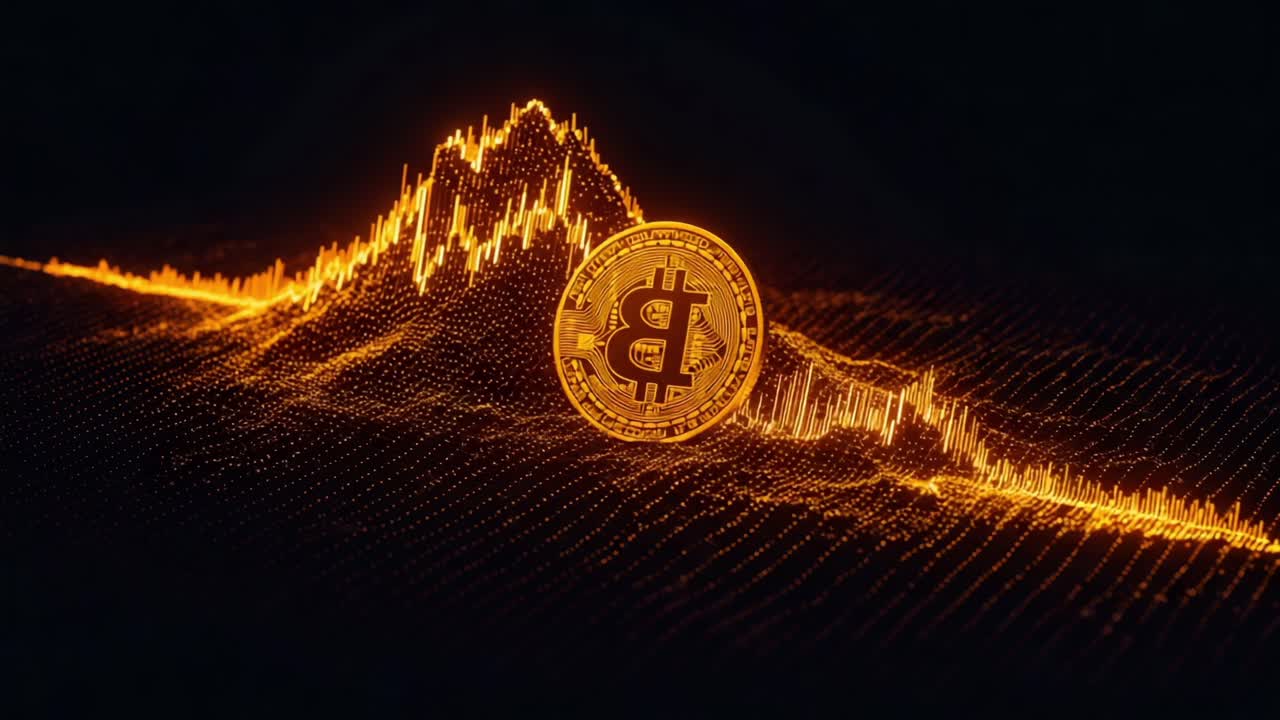 A Captivating Visualization of Cryptocurrency Trends Featuring a Bitcoin Coin Overlaid on a Dynamic Oscillating Graph Representation