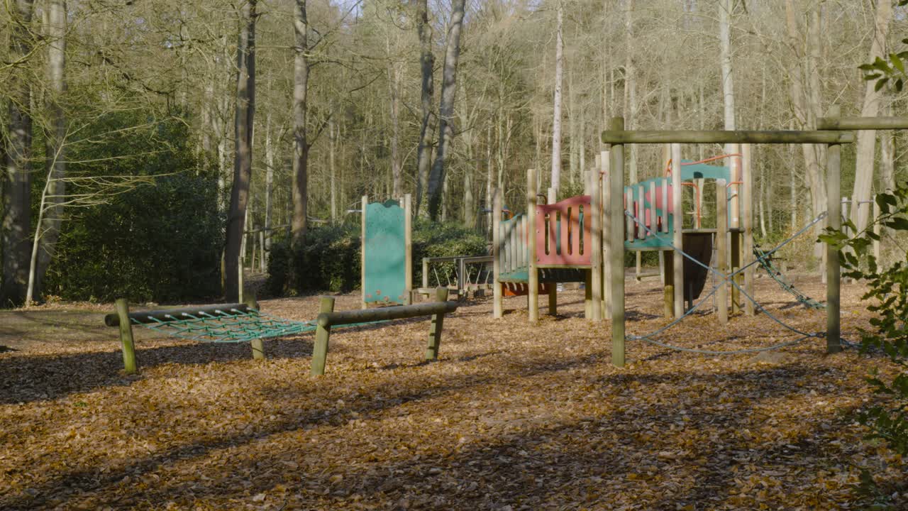 낙엽이 있는 가을 노퍽 헤리티지 공원 삼림 등반 놀이터 장비를 패닝