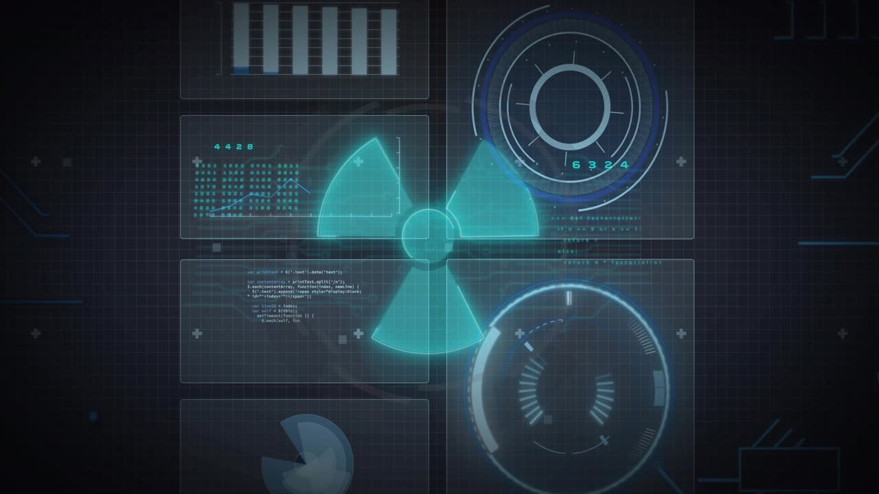 Cyan pulse starting central trefoil pulsing shifting green driving gauge spin and panels for status