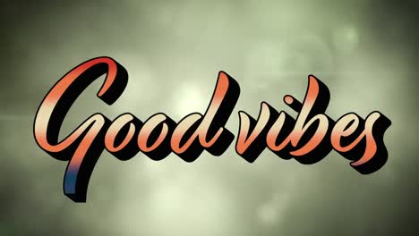 animación de texto de buenas vibraciones con luces verdes brillantes sobre nubes en el fondo