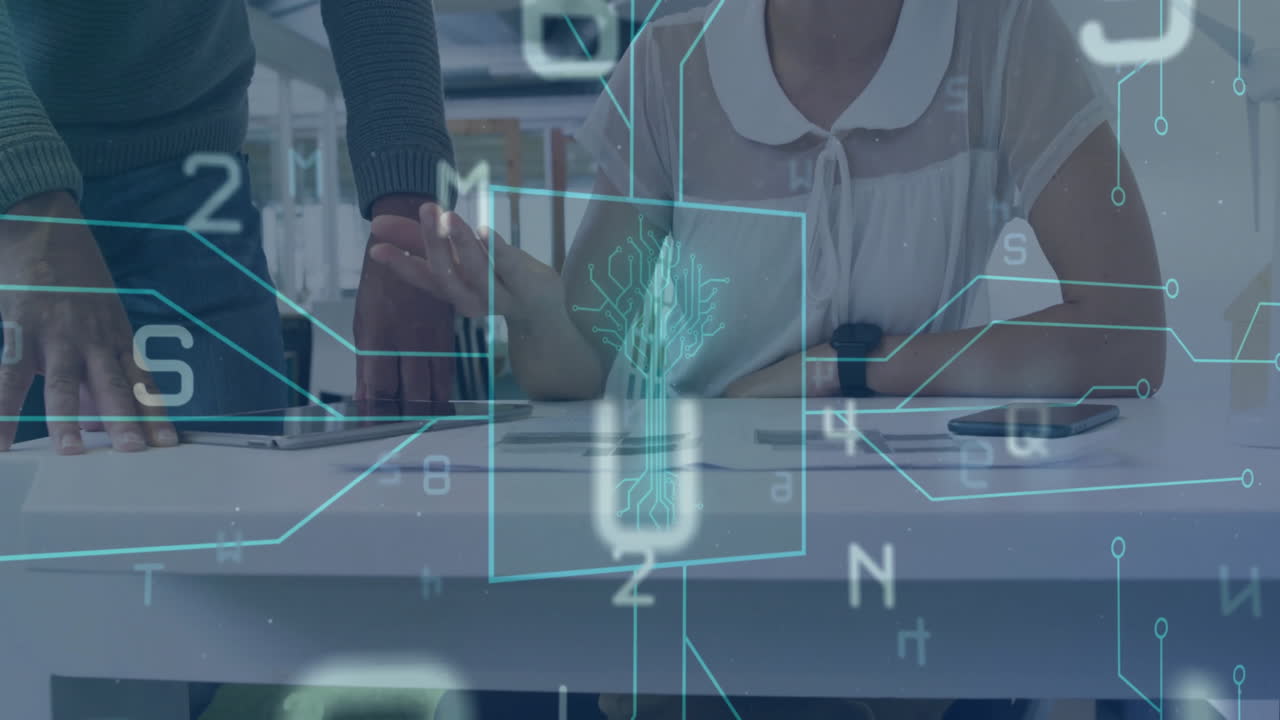 문서에 대해 논의하는 카우카스 동료들 위에서 글자와 숫자를 바꾸는 애니메이션