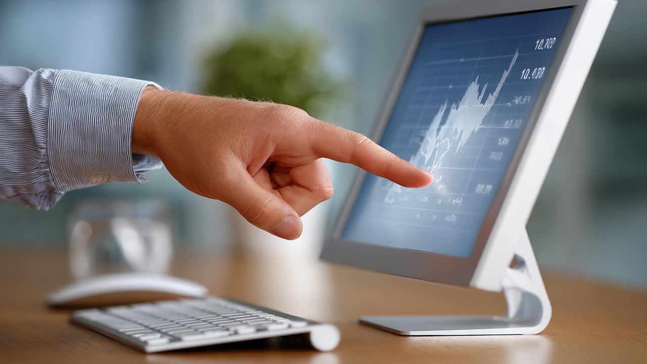 A Focused Examination of Financial Data: An Individual Analyses Market Trends on a Computer Screen, Highlighting Important Graphical Insights and Metrics
