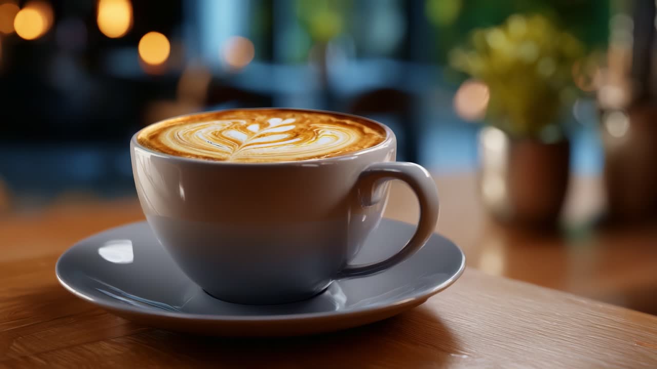 Un latte artistico splendidamente realizzato in un'accogliente caffetteria, con un cremoso cuore decorativo su un tavolo di legno, circondato da una luce soffusa e vegetazione