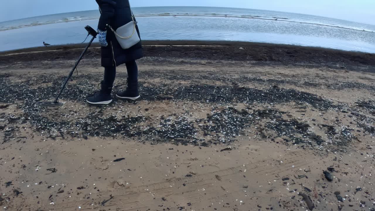 Un cercametalli cammina lungo una fredda costa, passando un metal detector su una fascia scura di conchiglie e detriti vicino all'acqua, alla ricerca di segnali sulla spiaggia invernale