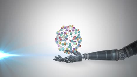 animación de una red de iconos de medios sobre la mano del brazo del robot, con luz en movimiento sobre un fondo gris