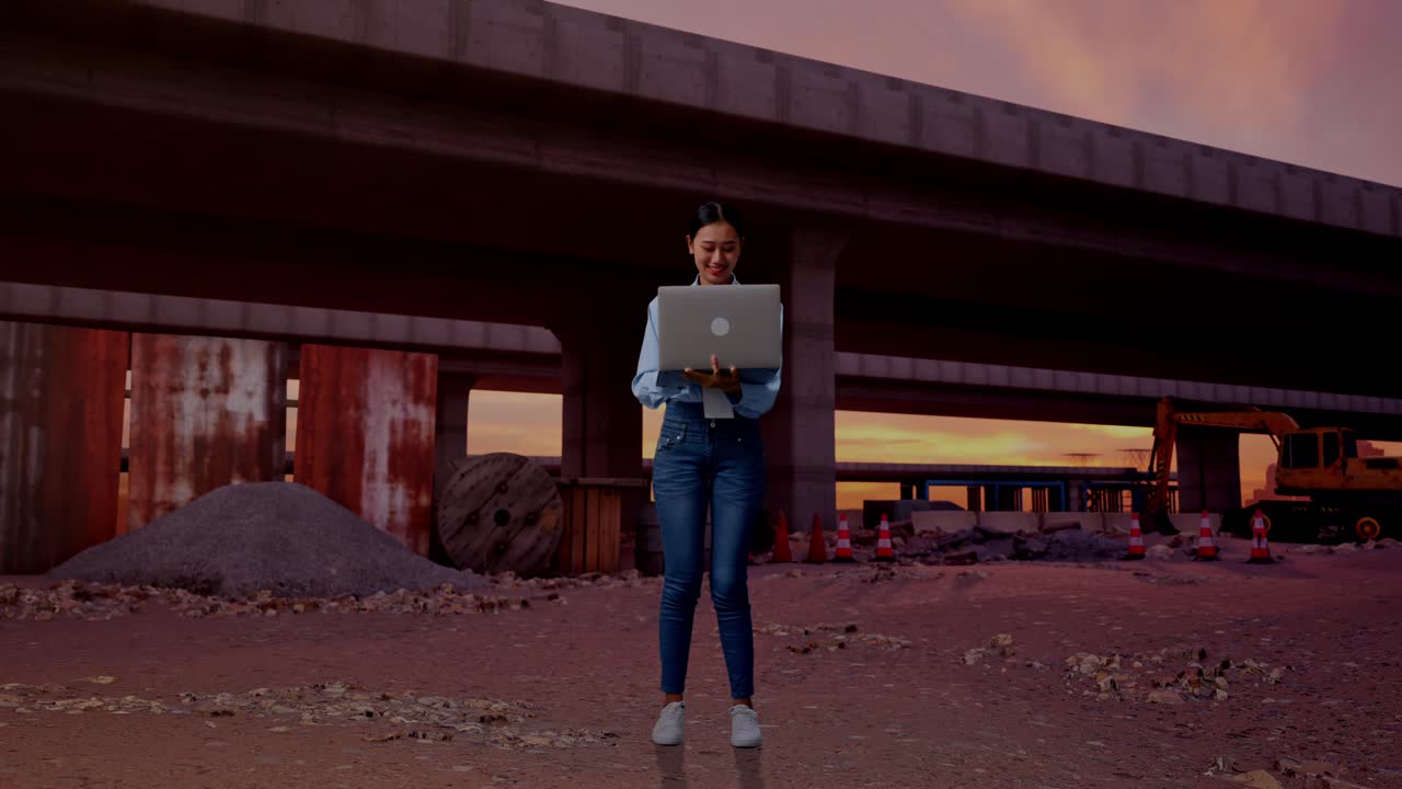 Asiatisk kvinde i fuld figur med sin laptop på en motorvejsbyggeplads. Hun observerer ved at se sig omkring, før hun koncentrerer sig om sin laptop.