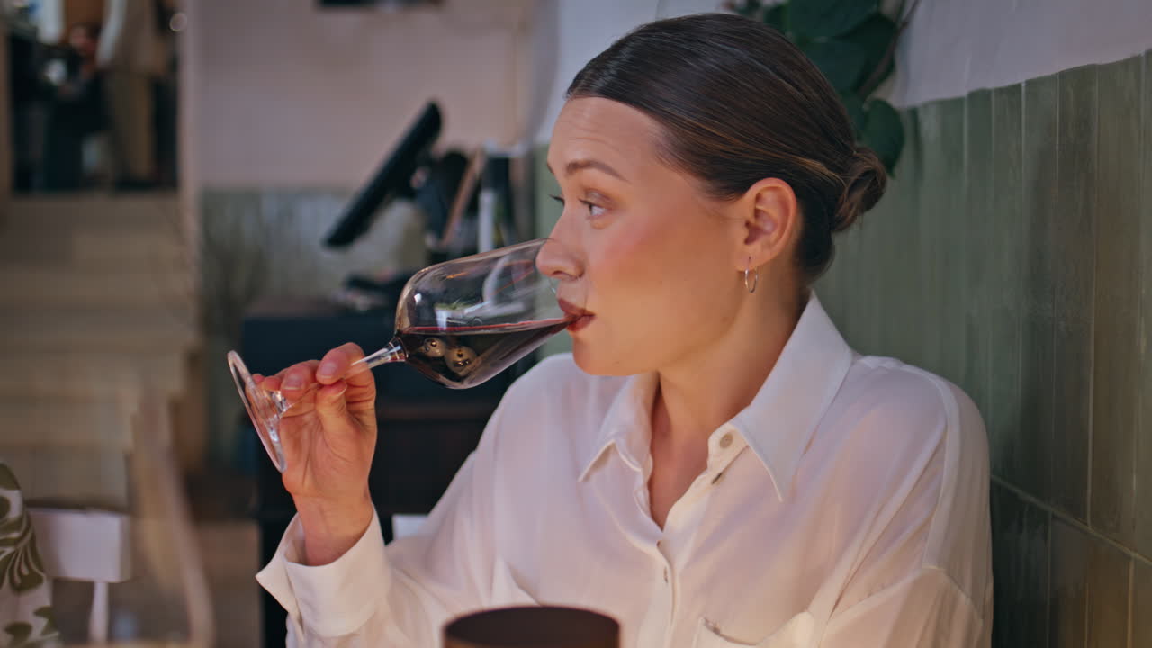 Gros plan sur une femme buvant du vin avec des amis lors d’une soirée de week-end insouciante. Femme en train de siroter.