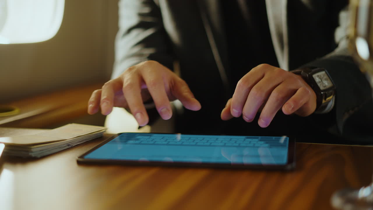 Business executive traveling in a private jet