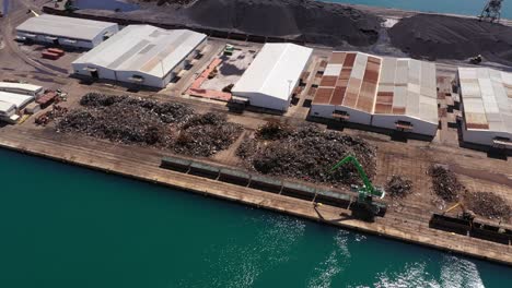 Aerial-View-Of-Metal-Crap-And-Iron-Ore-Coal-At-Seaport-In-Ploce,-Croatia