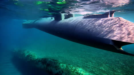 submarine partially submerged in clear water