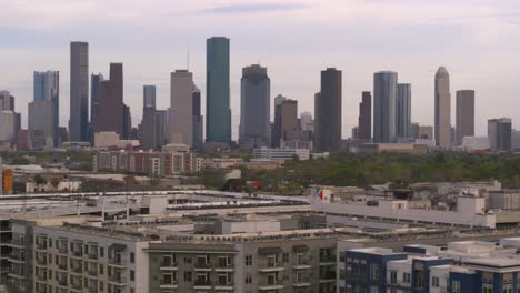 descending drone shot from downtown houston to the buffalo bayou