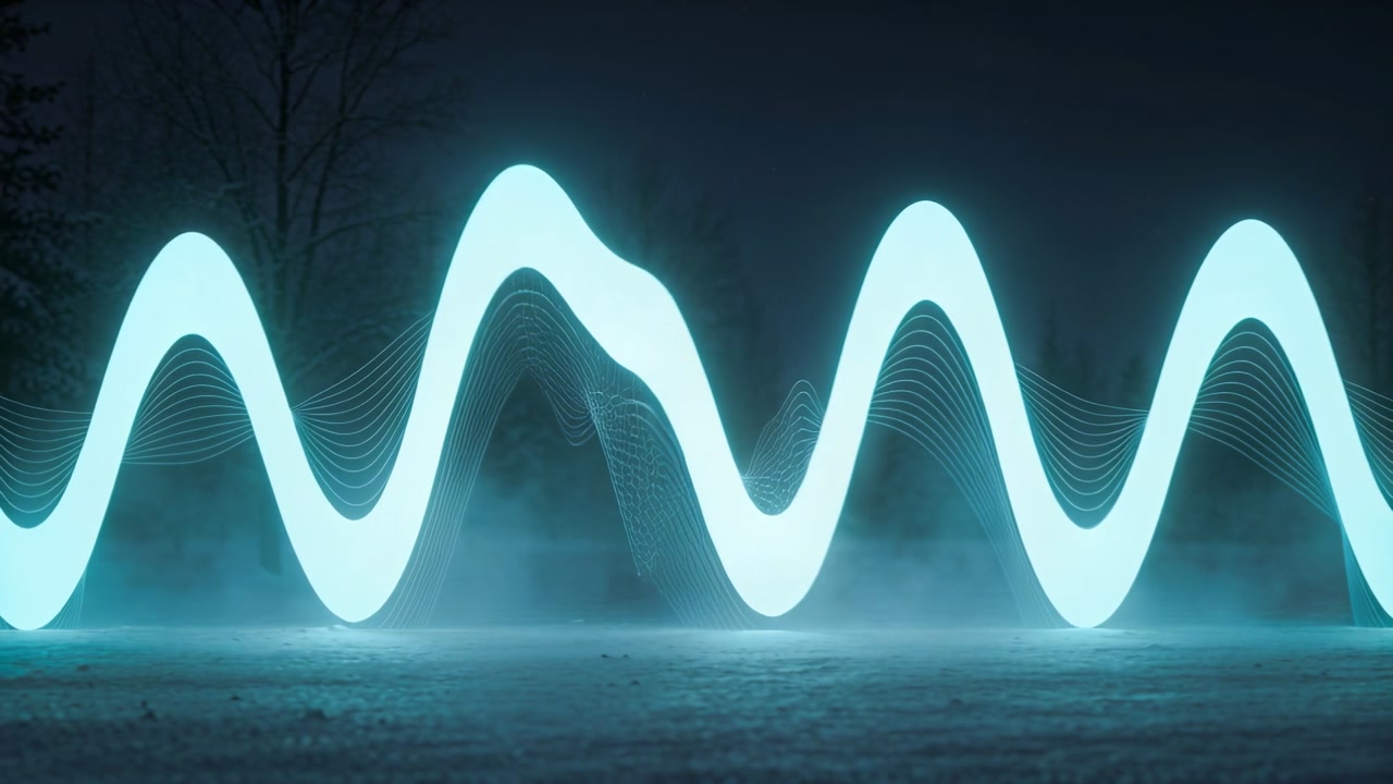 Vertical video: Glowing cyan ribbon oscillating over fog, contour lines pulsing for tech data view